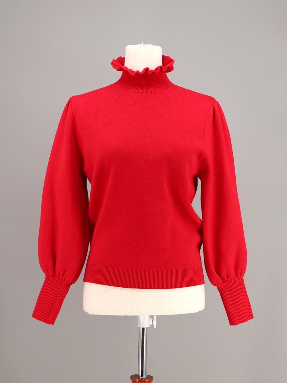 Hyacinth House Ruffle Neck Bishop Sleeve Ribbed Sweater in Red Size S